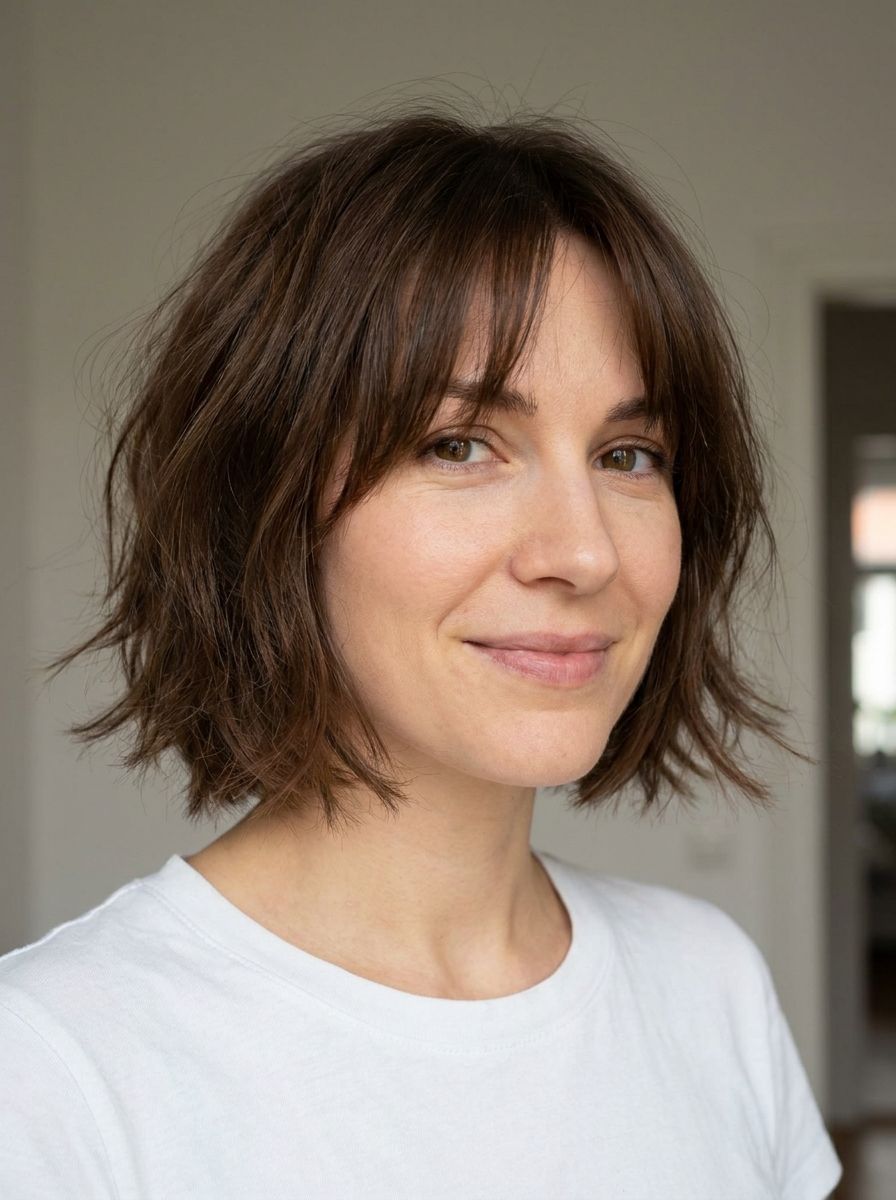Kurzer fransiger Bob mit Curtain Bangs - Fransige Kurzhaarfrisuren